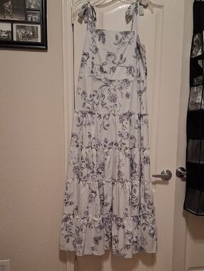 White Maxi Sundress with Blue Floral Print